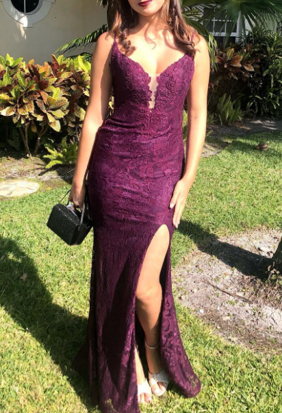 Elegant Mermaid Formal Dresses Under $170 Charming Grape Spaghetti Straps Applique Long Backless Prom Dress With Slit