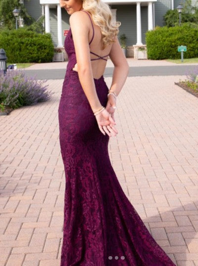 Elegant Mermaid Formal Dresses Under $170 Charming Grape Spaghetti Straps Applique Long Backless Prom Dress With Slit