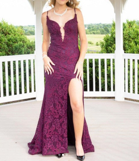 Elegant Mermaid Formal Dresses Under $170 Charming Grape Spaghetti Straps Applique Long Backless Prom Dress With Slit