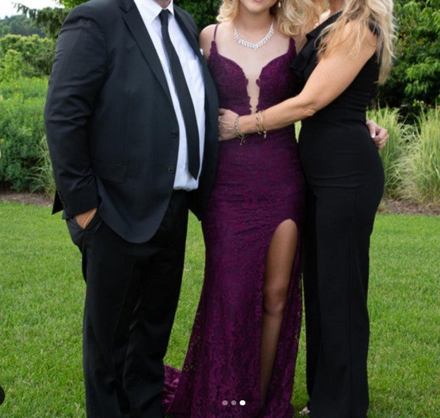 Elegant Mermaid Formal Dresses Under $170 Charming Grape Spaghetti Straps Applique Long Backless Prom Dress With Slit