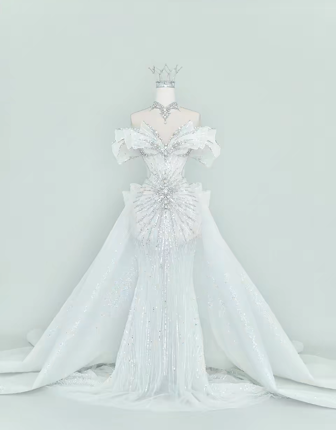Elegant Mermaid Long Wedding Dress Beaded Tulle White Bridal Dress Off-shoulder Bridal Gown