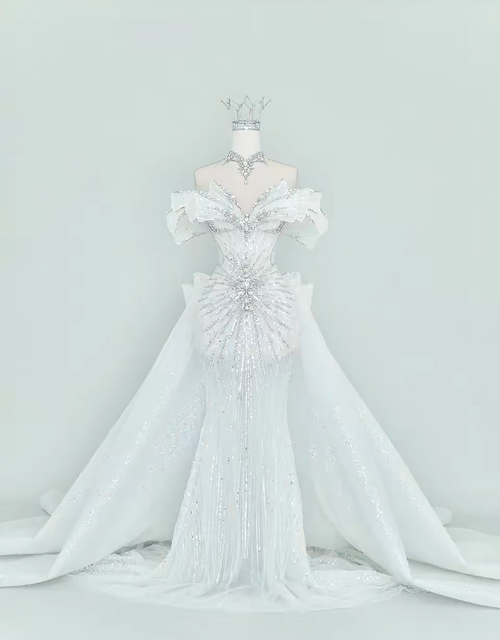 Elegant Mermaid Long Wedding Dress Beaded Tulle White Bridal Dress Off-shoulder Bridal Gown