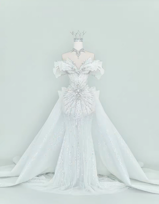 Elegant Mermaid Long Wedding Dress Beaded Tulle White Bridal Dress Off-shoulder Bridal Gown