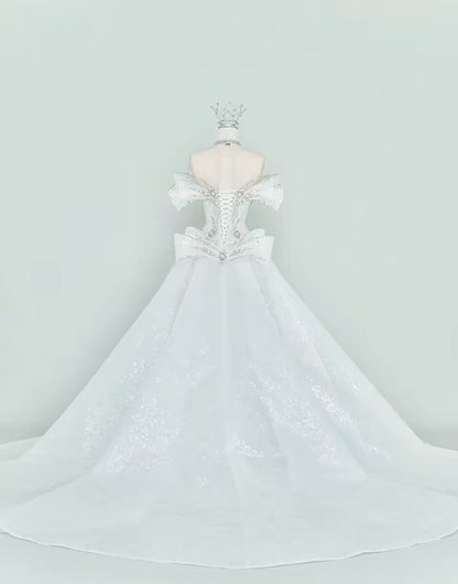 Elegant Mermaid Long Wedding Dress Beaded Tulle White Bridal Dress Off-shoulder Bridal Gown