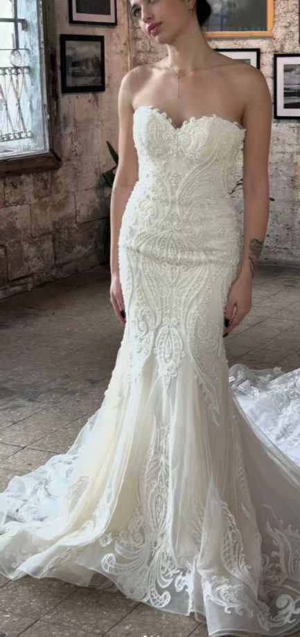 Elegant Mermaid Long Wedding Dress Beaded Tulle White Bridal Dress Sweetheart Sleeveless Bridal Gown