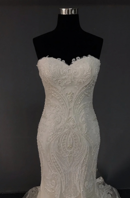 Elegant Mermaid Long Wedding Dress Beaded Tulle White Bridal Dress Sweetheart Sleeveless Bridal Gown