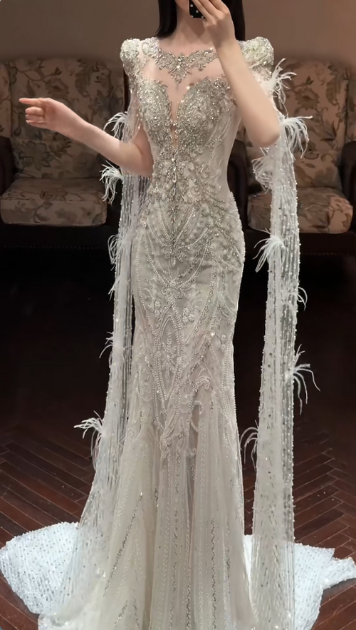 Elegant Mermaid Long Wedding Dress Beaded Tulle White Bridal Dress V-neck Bridal Gown