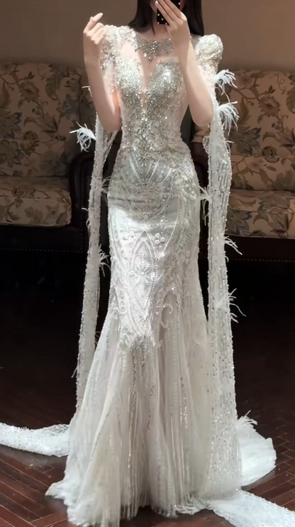 Elegant Mermaid Long Wedding Dress Beaded Tulle White Bridal Dress V-neck Bridal Gown