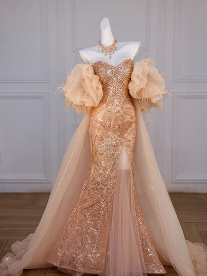 Elegant Mermaid Off The Shoulder Sequin Gold Evening Dress Long Slit Prom Dresses