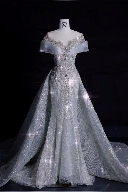 Elegant Mermaid Scoop Neckline Sequin Long Wedding Dresses