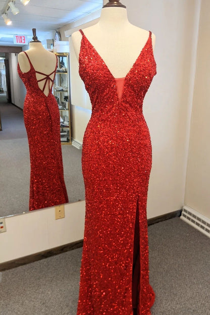 Elegant Mermaid Sequin V Neck Long Formal Dress
