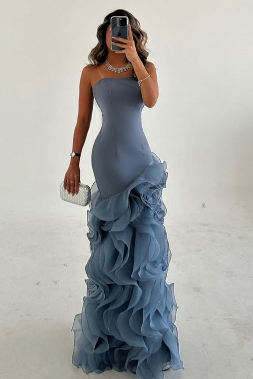 Elegant Mermaid Strapless Dusty Blue Long Tulle Prom Dress with Ruffle