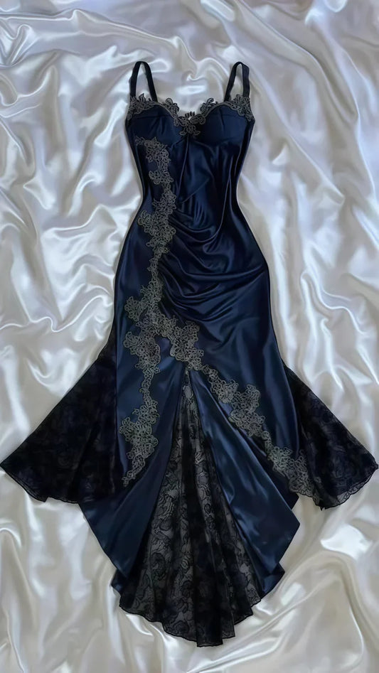 Spaghetti Strap Lace Applique Satin Navy Blue Tulle Prom Dress Party Dress