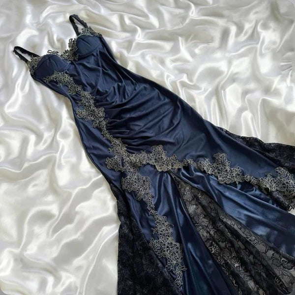 Spaghetti Strap Lace Applique Satin Navy Blue Tulle Prom Dress Party Dress