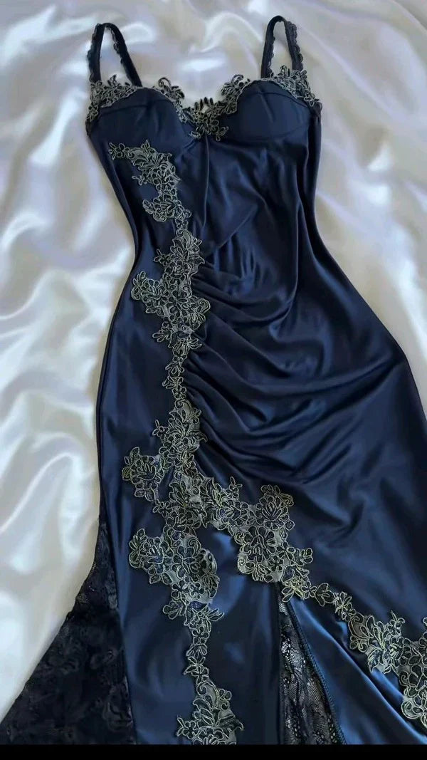 Spaghetti Strap Lace Applique Satin Navy Blue Tulle Prom Dress Party Dress