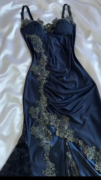 Spaghetti Strap Lace Applique Satin Navy Blue Tulle Prom Dress Party Dress