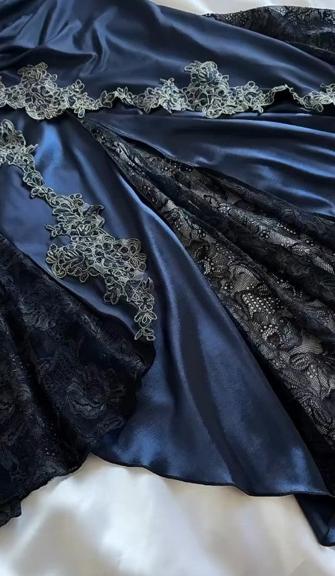 Elegant Navy Blue Spaghetti Straps Mermaid Satin Appliques Prom Dresses Party Dresses