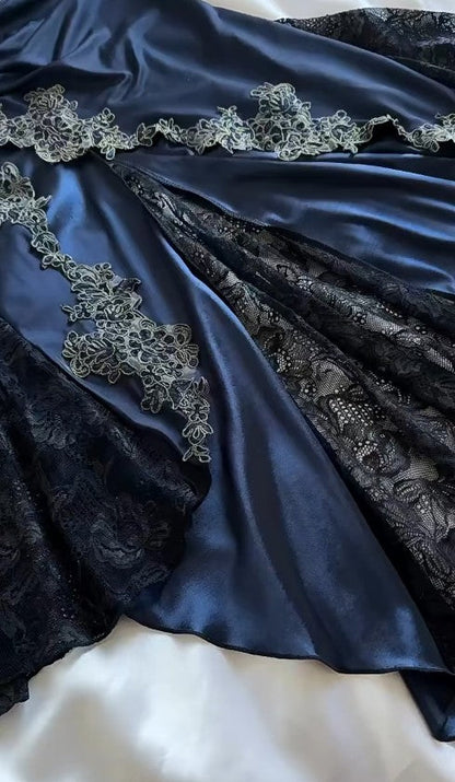 Elegant Navy Blue Spaghetti Straps Mermaid Satin Appliques Prom Dresses Party Dresses