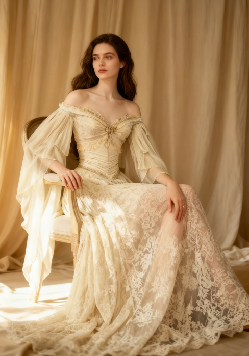 Elegant Off-shoulder A-Line Beige Long Wedding Dresses Chiffon Lace Beige Bridal Dresses