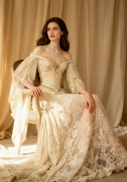 Elegant Off-shoulder A-Line Beige Long Wedding Dresses Chiffon Lace Beige Bridal Dresses