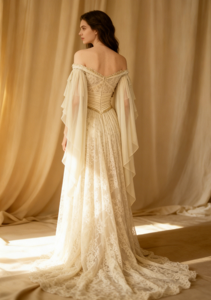 Elegant Off-shoulder A-Line Beige Long Wedding Dresses Chiffon Lace Beige Bridal Dresses
