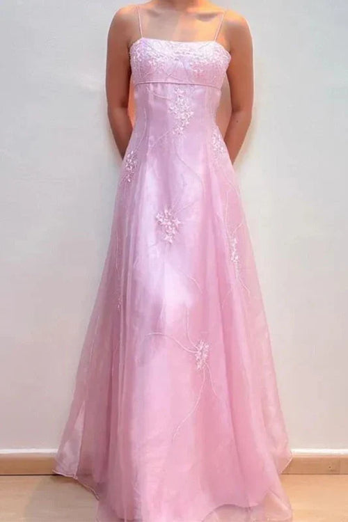 Elegant Pink Floral Appliques Backless A-line Prom Dress, Evening Dress