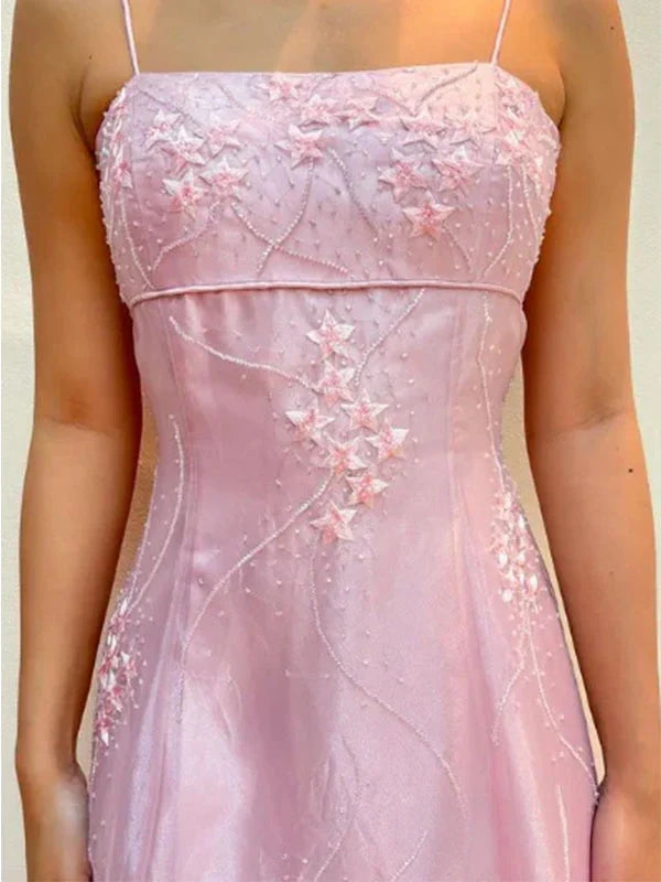 Elegant Pink Floral Appliques Backless A-line Prom Dress, Evening Dress