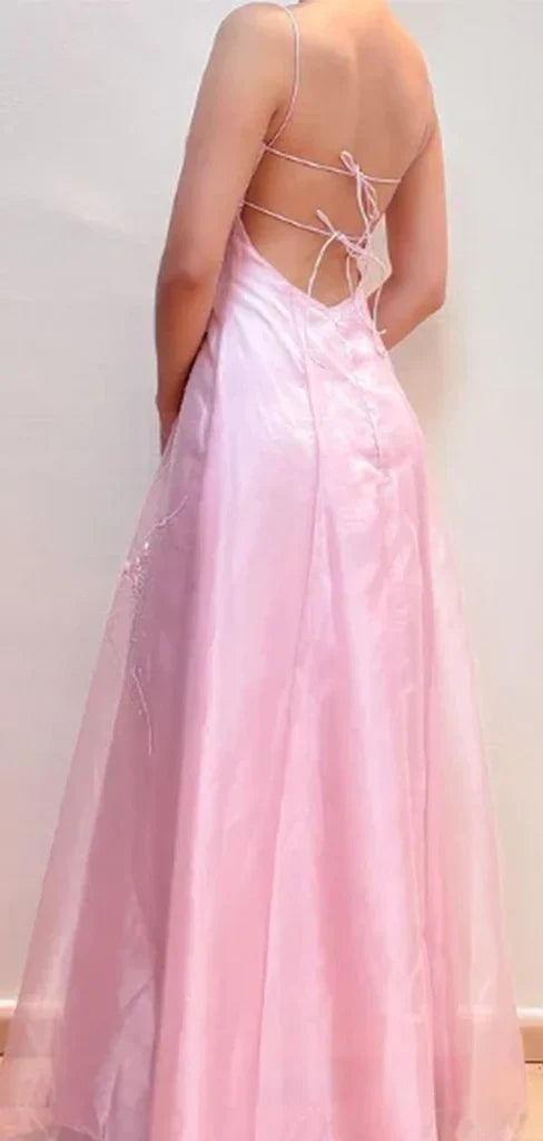 Elegant Pink Floral Appliques Backless A-line Prom Dress, Evening Dress