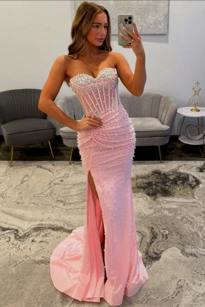 Elegant Pink Sweetheart Mermaid Corset Beaded Prom Dress with High Slit