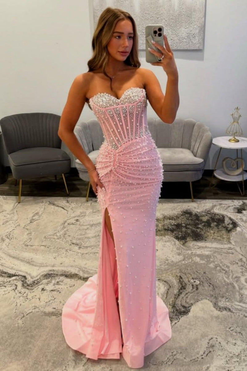 Elegant Pink Sweetheart Mermaid Corset Beaded Prom Dress with High Slit