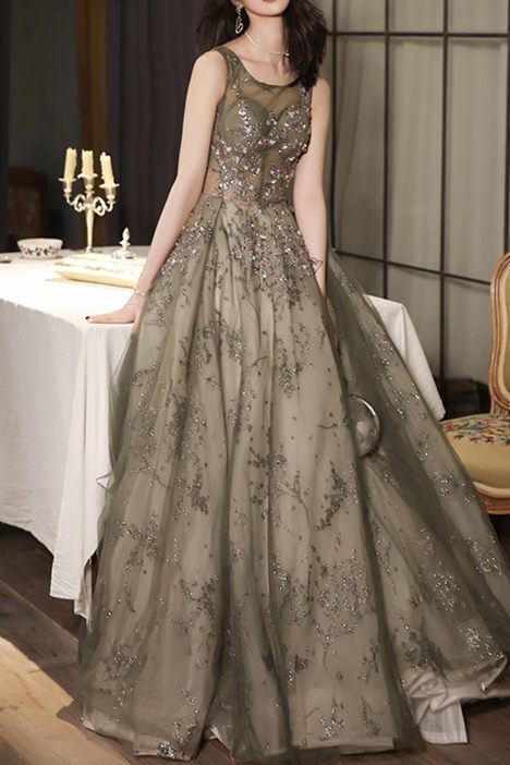 Elegant Plam Green Beaded Long Formal Dress