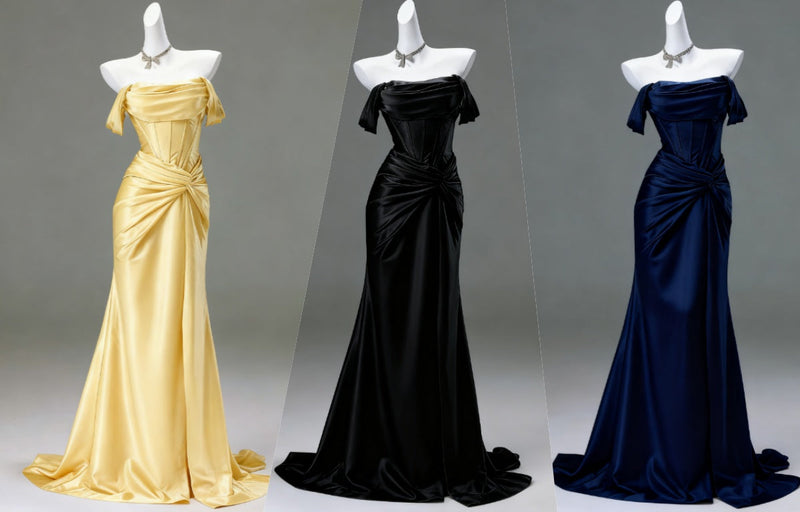 Elegant Pleated Satin Formal Mermaid Evening Dress,Fahsion Graudation Prom Dresses with Off-the-Shoulder