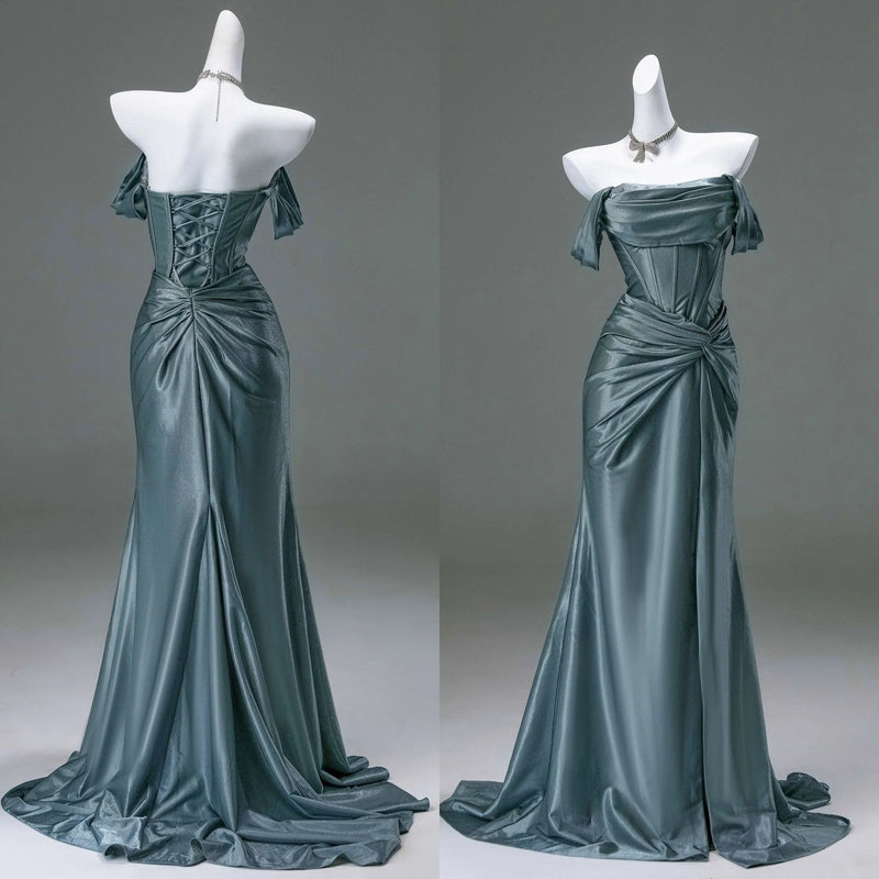 Elegant Pleated Satin Formal Mermaid Evening Dress,Fahsion Graudation Prom Dresses with Off-the-Shoulder