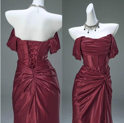Elegant Pleated Satin Formal Mermaid Evening Dress,Fahsion Graudation Prom Dresses with Off-the-Shoulder