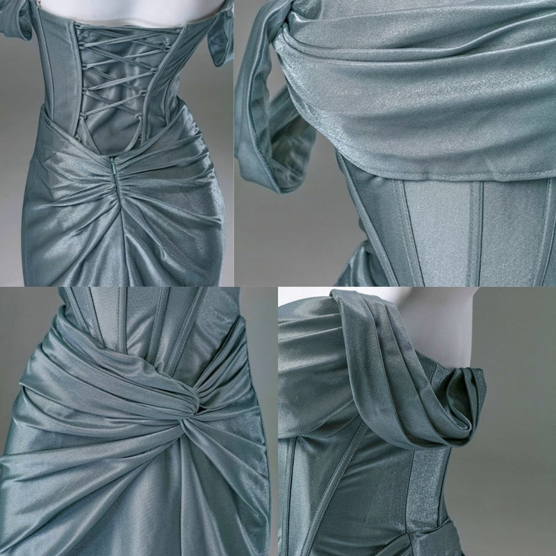 Elegant Pleated Satin Formal Mermaid Evening Dress,Fahsion Graudation Prom Dresses with Off-the-Shoulder