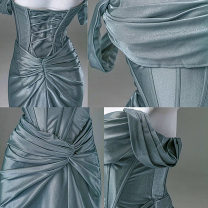 Elegant Pleated Satin Formal Mermaid Evening Dress,Fahsion Graudation Prom Dresses with Off-the-Shoulder