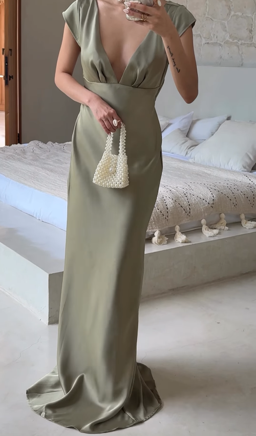Elegant Sage Green Sheath V Neck Satin Long Prom Dress Party Dress