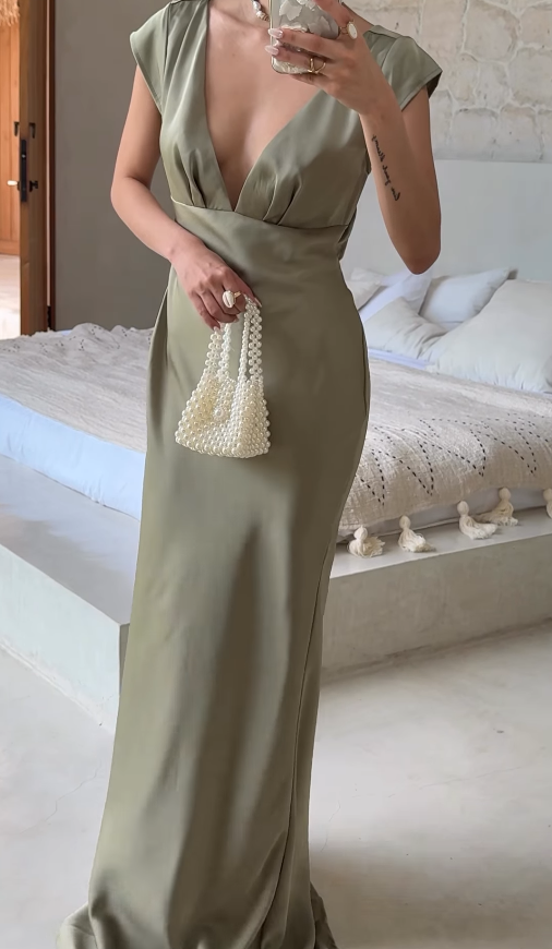 Elegant Sage Green Sheath V Neck Satin Long Prom Dress Party Dress