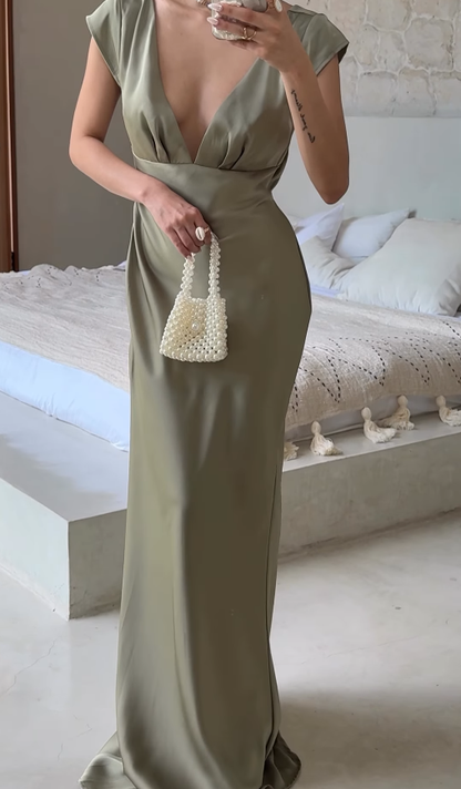 Elegant Sage Green Sheath V Neck Satin Long Prom Dress Party Dress