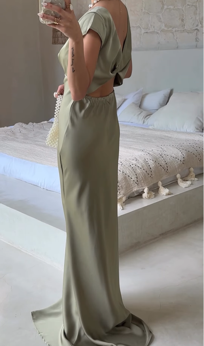 Elegant Sage Green Sheath V Neck Satin Long Prom Dress Party Dress