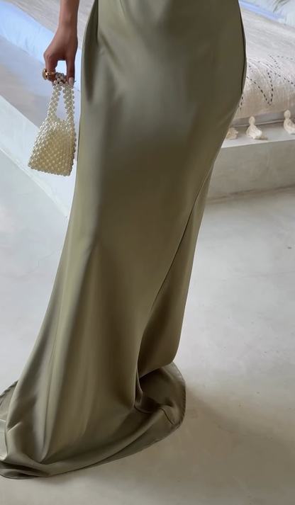 Elegant Sage Green Sheath V Neck Satin Long Prom Dress Party Dress