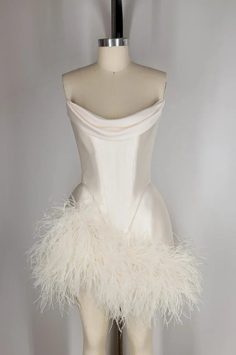 Elegant Satin Tube Top Feather Edge Bodycon 19th Birthday Homecoming Dress
