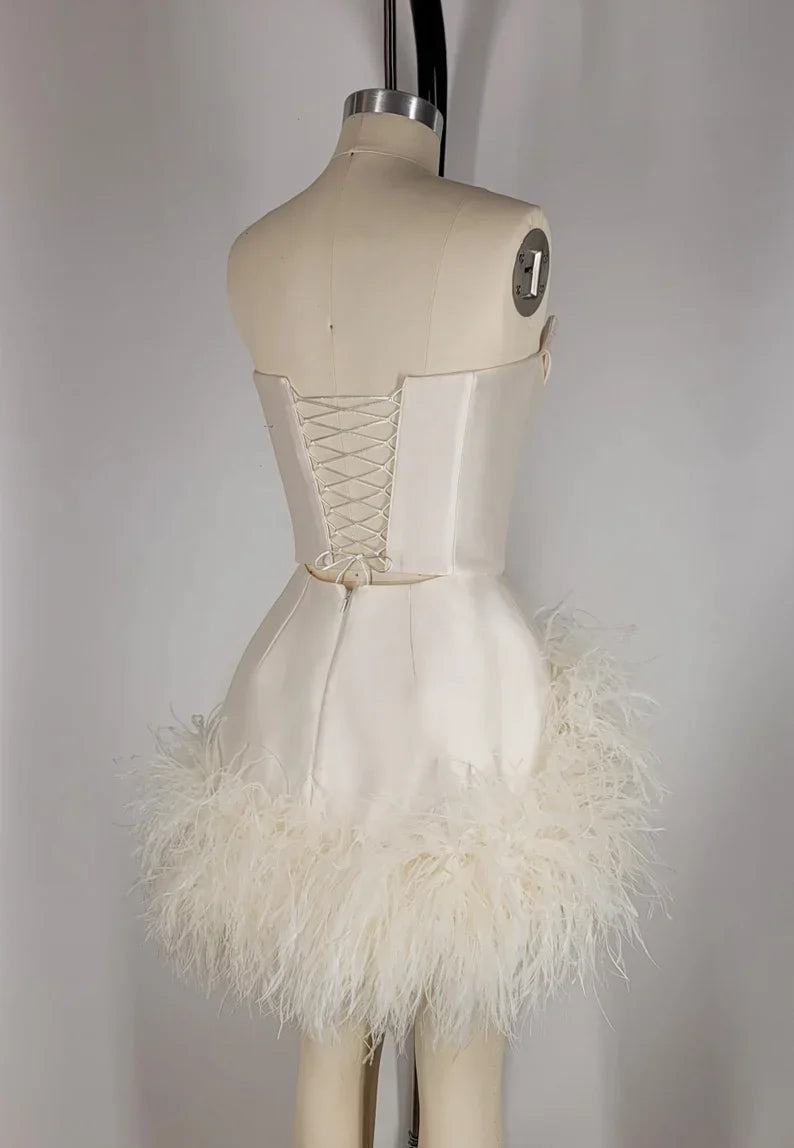 Elegant Satin Tube Top Feather Edge Bodycon 19th Birthday Homecoming Dress