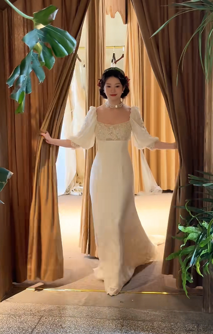 Elegant Sheath Square Neck Long Wedding Dresses, Lace Appliques White Bridal Gowns, Short Sleeves Bridal Dresses