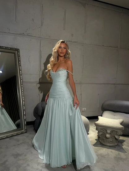 Elegant Spaghetti Strap A-Line Tiffany Blue Long Prom Dresses Chiffon Sleeveless Formal Dresses Tiffany Blue Evening Dresses