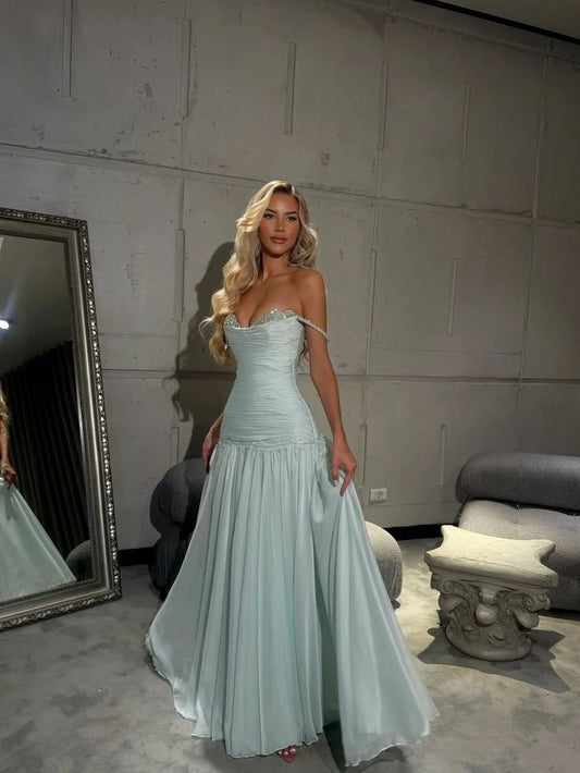 Elegant Spaghetti Strap A-Line Tiffany Blue Long Prom Dresses Chiffon Sleeveless Formal Dresses Tiffany Blue Evening Dresses