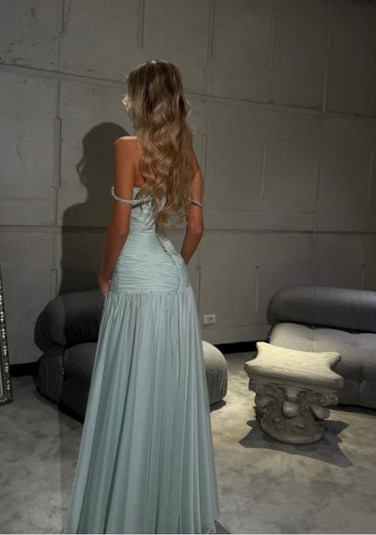 Elegant Spaghetti Strap A-Line Tiffany Blue Long Prom Dresses Chiffon Sleeveless Formal Dresses Tiffany Blue Evening Dresses