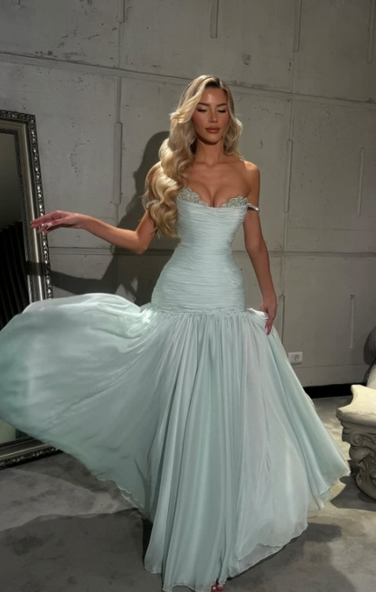 Elegant Spaghetti Strap A-Line Tiffany Blue Long Prom Dresses Chiffon Sleeveless Formal Dresses Tiffany Blue Evening Dresses