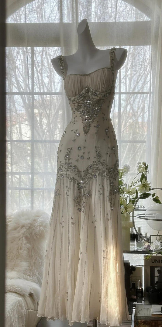 Elegant Spaghetti Straps Apricot Beaded Chiffon Mermaid Gowns Vintage Backless Prom Dress