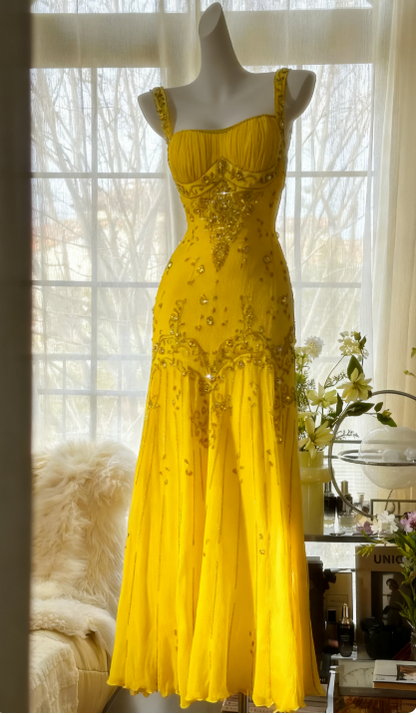 Elegant Spaghetti Straps Apricot Beaded Chiffon Mermaid Gowns Vintage Backless Prom Dress